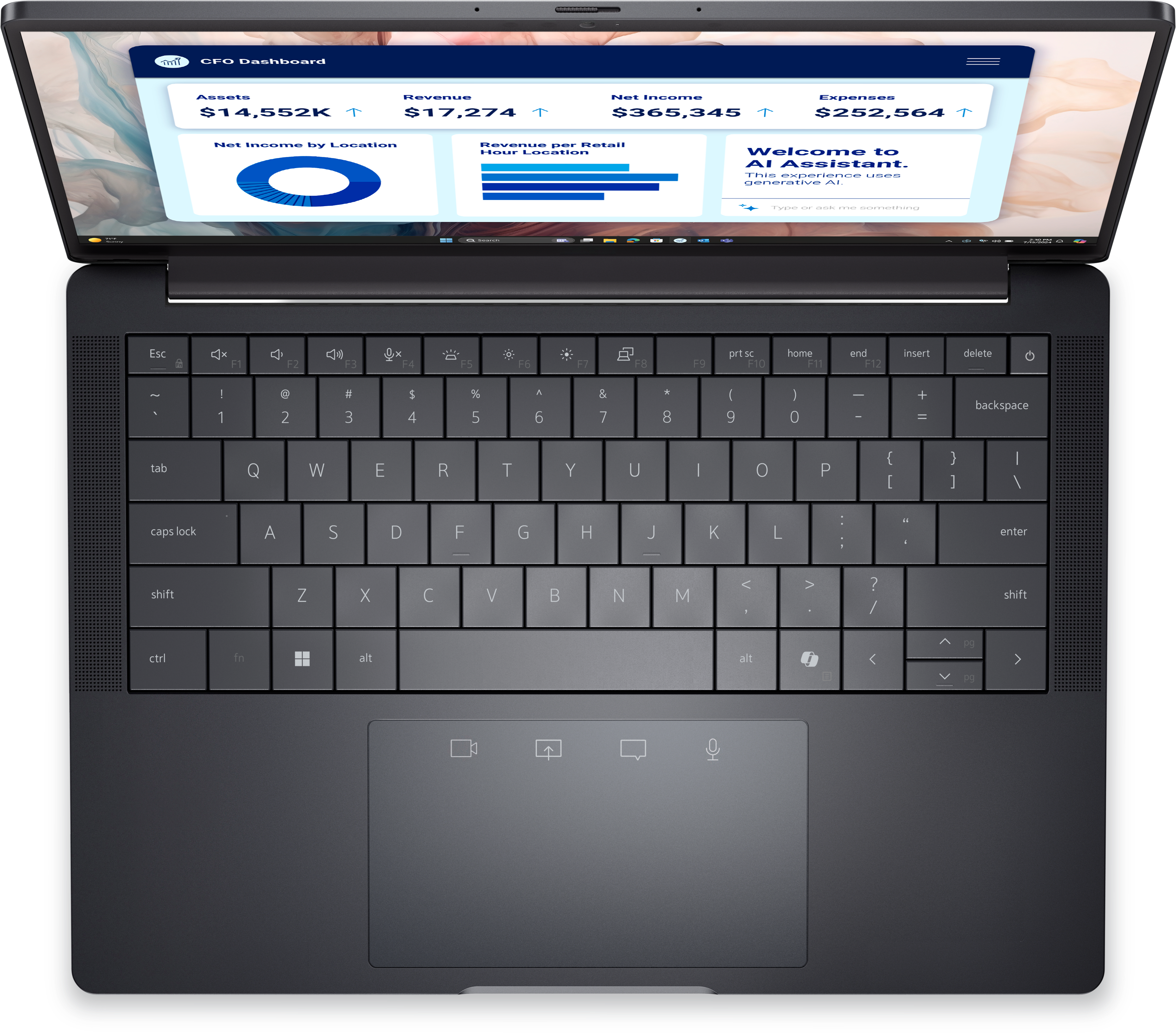 Laptop Dell Pro 13 Premium PA13250 chụp từ trên xuống, nhìn rõ bàn phím và touchpad ở góc độ trực diện