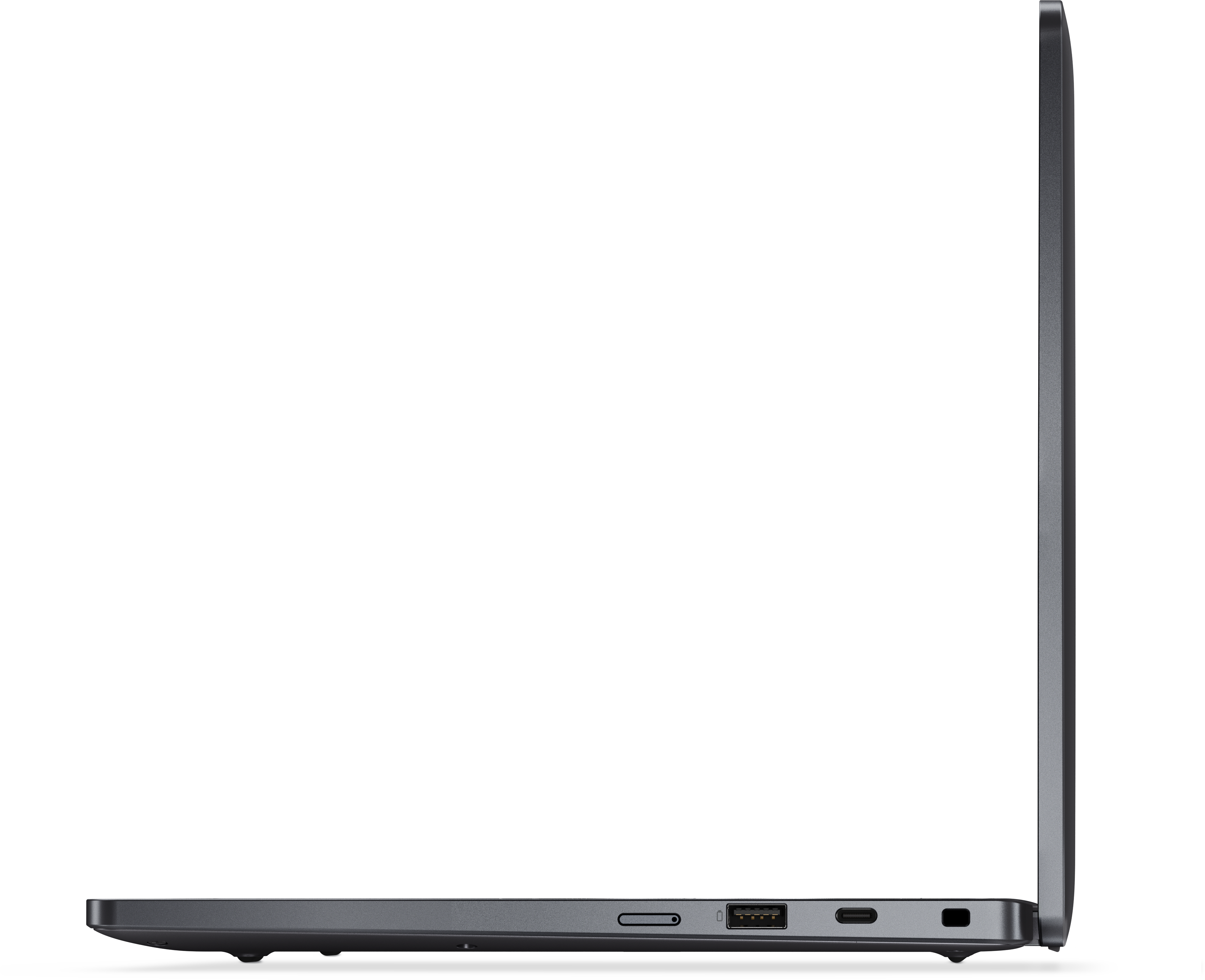 Laptop Dell Pro 13 Premium PA13250 chụp chính diện từ cạnh bên phải, thấy rõ các cổng USB-A 3.2 Gen 1, Thunderbolt 4 và các khe Wedge lock slot, SIM card tray, thấy rõ độ mỏng của viền màn hình và thân máy